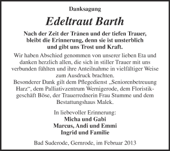 Traueranzeige von Edeltraut Barth von WVG - Wochenspiegel Quedlinburg
