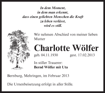 Traueranzeige von Charlotte Wölfer von WVG - Wochenspiegel Aschersleben