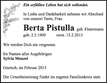 Traueranzeige von Berta Pistulla von Super Sonntag Dessau / Köthen