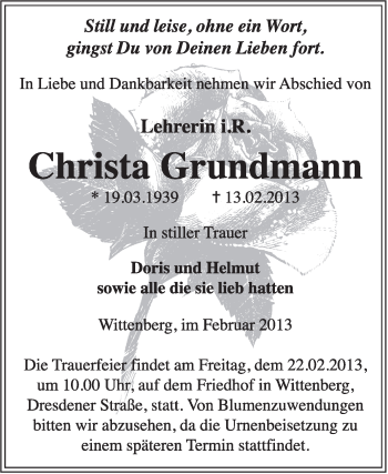 Traueranzeige von Christa Grundmann von WVG - Wochenspiegel Wittenberg