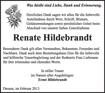 Traueranzeige von Renate Hildebrandt von Super Sonntag Dessau / Köthen
