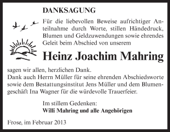Traueranzeige von Heinz Joachim Mahring von WVG - Wochenspiegel Aschersleben