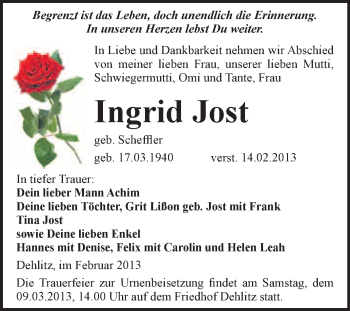 Traueranzeige von Ingrid Jost von WVG - Wochenspiegel NMB / WSF / ZTZ