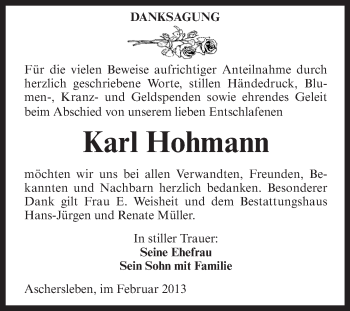 Traueranzeige von Karl Hohmann von WVG - Wochenspiegel Aschersleben