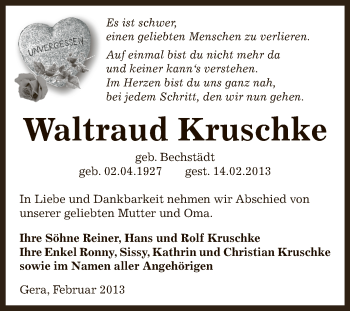 Traueranzeige von Waltraud Kruschke von Super Sonntag Zeitz