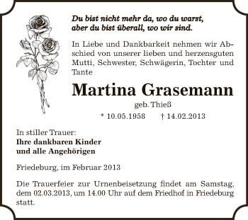 Traueranzeige von Martina Grasemann von Super Sonntag SGH Mansf. Land
