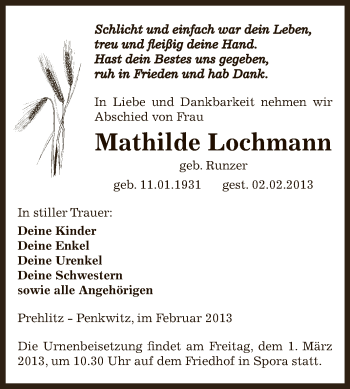 Traueranzeige von Mathilde Lochmann von Super Sonntag Zeitz