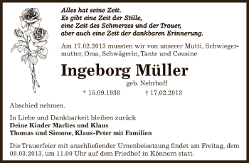 Traueranzeige von Ingeborg Müller von Super Sonntag Bernburg