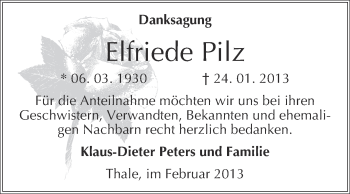 Traueranzeige von Elfriede Pilz von WVG - Wochenspiegel Quedlinburg