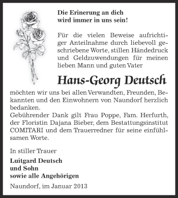 Traueranzeige von Hans-Georg Deutsch von Super Sonntag Zeitz