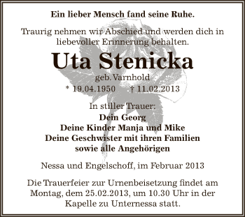 Traueranzeige von Uta Stenicka von Super Sonntag Zeitz