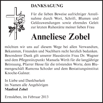 Traueranzeige von Anneliese Zobel von Super Sonntag Aschersleben