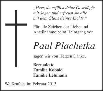 Traueranzeige von Paul Plachetka von WVG - Wochenspiegel NMB / WSF / ZTZ