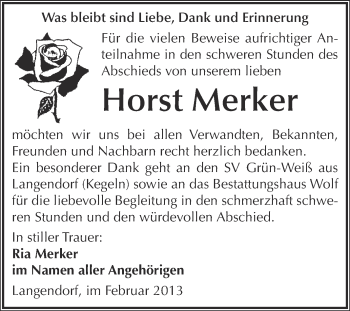 Traueranzeige von Horst Merker von WVG - Wochenspiegel NMB / WSF / ZTZ