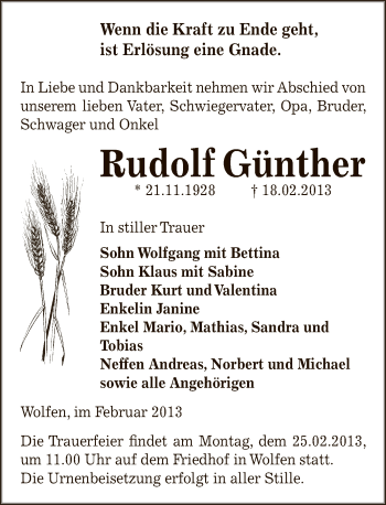 Traueranzeige von Rudolf Günther von WVG - Wochenspiegel Bitterfeld