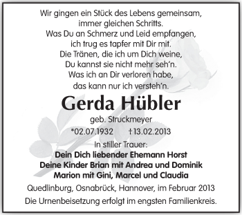 Traueranzeige von Gerda Hübler von WVG - Wochenspiegel Quedlinburg