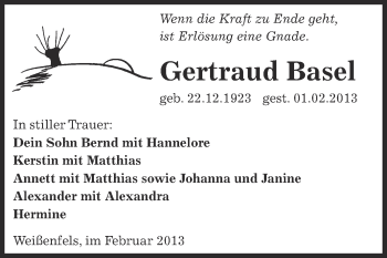 Traueranzeige von Gertraud Basel von WVG - Wochenspiegel NMB / WSF / ZTZ
