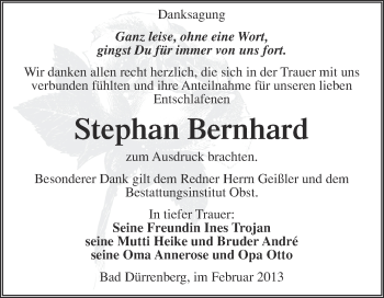 Traueranzeige von Stephan Bernhard von Super Sonntag Merseburg
