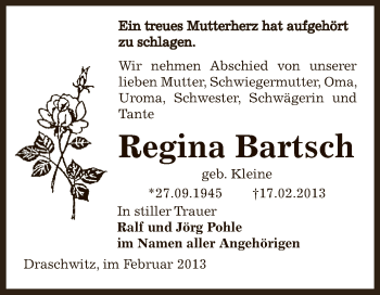 Traueranzeige von Regina Bartsch von Super Sonntag Zeitz