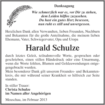 Traueranzeige von Harald Schulze von Super Sonntag Merseburg
