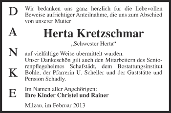 Traueranzeige von Herta Kretzschmar von Super Sonntag Merseburg