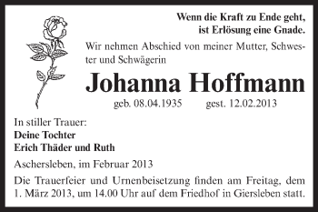 Traueranzeige von Johanna Hoffmann von Super Sonntag Aschersleben