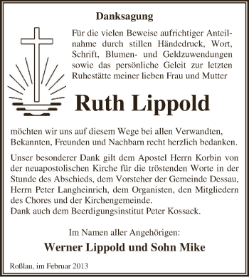Traueranzeige von Ruth Lippold von WVG - Wochenspiegel Dessau / Köthen