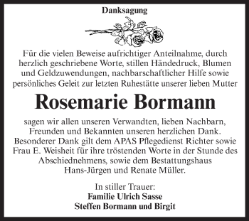 Traueranzeige von Rosemarie Bormann von Super Sonntag Aschersleben
