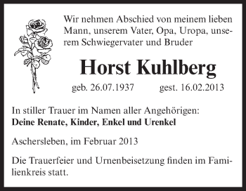 Traueranzeige von Horst Kuhlberg von Super Sonntag Aschersleben