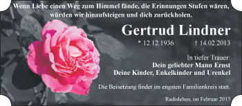 Traueranzeige von Gertrud Lindner von Super Sonntag Quedlinburg