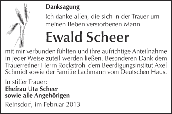 Traueranzeige von Ewald Scheer von WVG - Wochenspiegel NMB / WSF / ZTZ