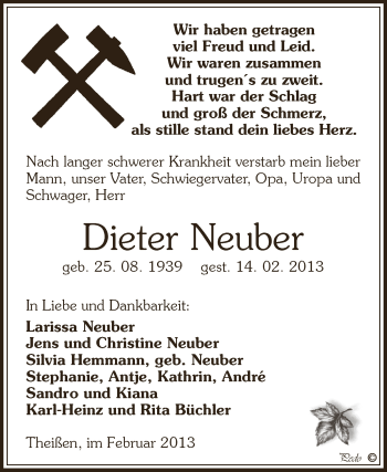 Traueranzeige von Dieter Neuber von Super Sonntag Zeitz