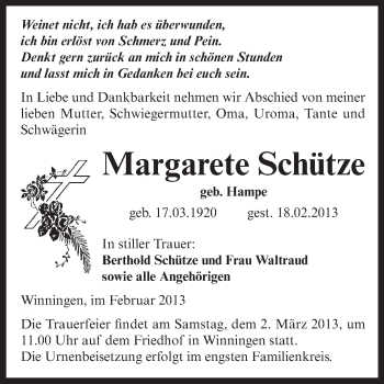 Traueranzeige von Margarete Schütze von WVG - Wochenspiegel Aschersleben