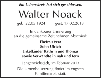 Traueranzeige von Walter Noack von WVG - Wochenspiegel Merseburg
