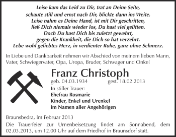 Traueranzeige von Franz Christoph von WVG - Wochenspiegel Merseburg
