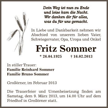 Traueranzeige von Fritz Sommer von Wochenspiegel Mansfelder Land