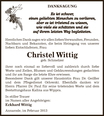 Traueranzeige von Christel Wittig von Wochenspiegel Mansfelder Land
