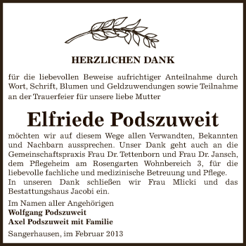 Traueranzeige von Elfriede Podszuweit von WVG - Wochenspiegel SGH