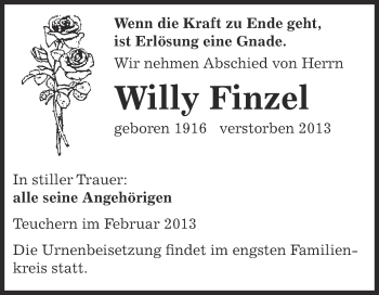 Traueranzeige von Willy Finzel von WVG - Wochenspiegel NMB / WSF / ZTZ