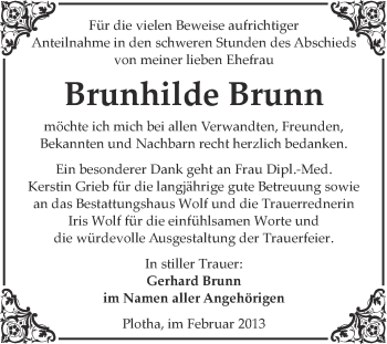 Traueranzeige von Brunhilde Brunn von WVG - Wochenspiegel NMB / WSF / ZTZ