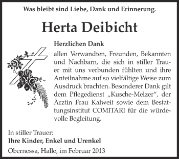 Traueranzeige von Herta Deibicht von WVG - Wochenspiegel NMB / WSF / ZTZ