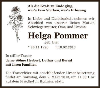 Traueranzeige von Helga Pommer von Super Sonntag Bernburg