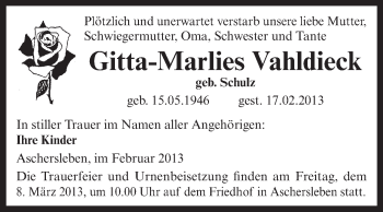 Traueranzeige von Gitta-Marlies Vahldieck von WVG - Wochenspiegel Aschersleben