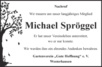 Traueranzeige von Michael Spröggel von Super Sonntag Quedlinburg