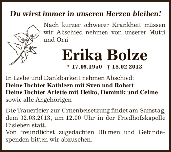 Traueranzeige von Erika Bolze von Wochenspiegel Mansfelder Land