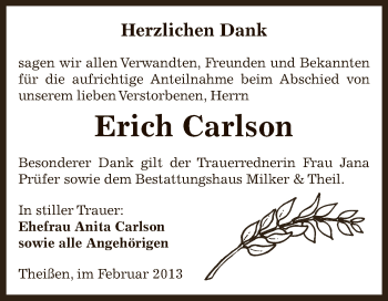 Traueranzeige von Erich Carlson von Super Sonntag Zeitz