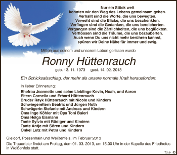 Traueranzeige von Ronny Hüttenrauch von Super Sonntag Zeitz