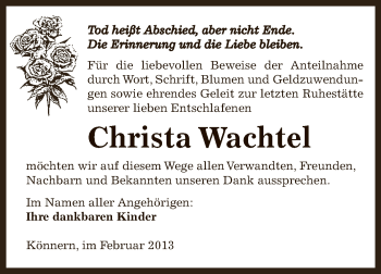 Traueranzeige von Christa Wachtel von Super Sonntag Bernburg