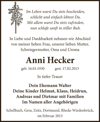 Traueranzeige von Anni Hecker von Super Sonntag Zeitz