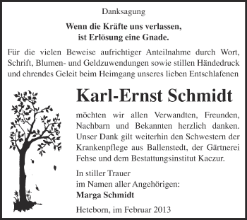 Traueranzeige von Karl-Ernst Schmidt von WVG - Wochenspiegel Quedlinburg